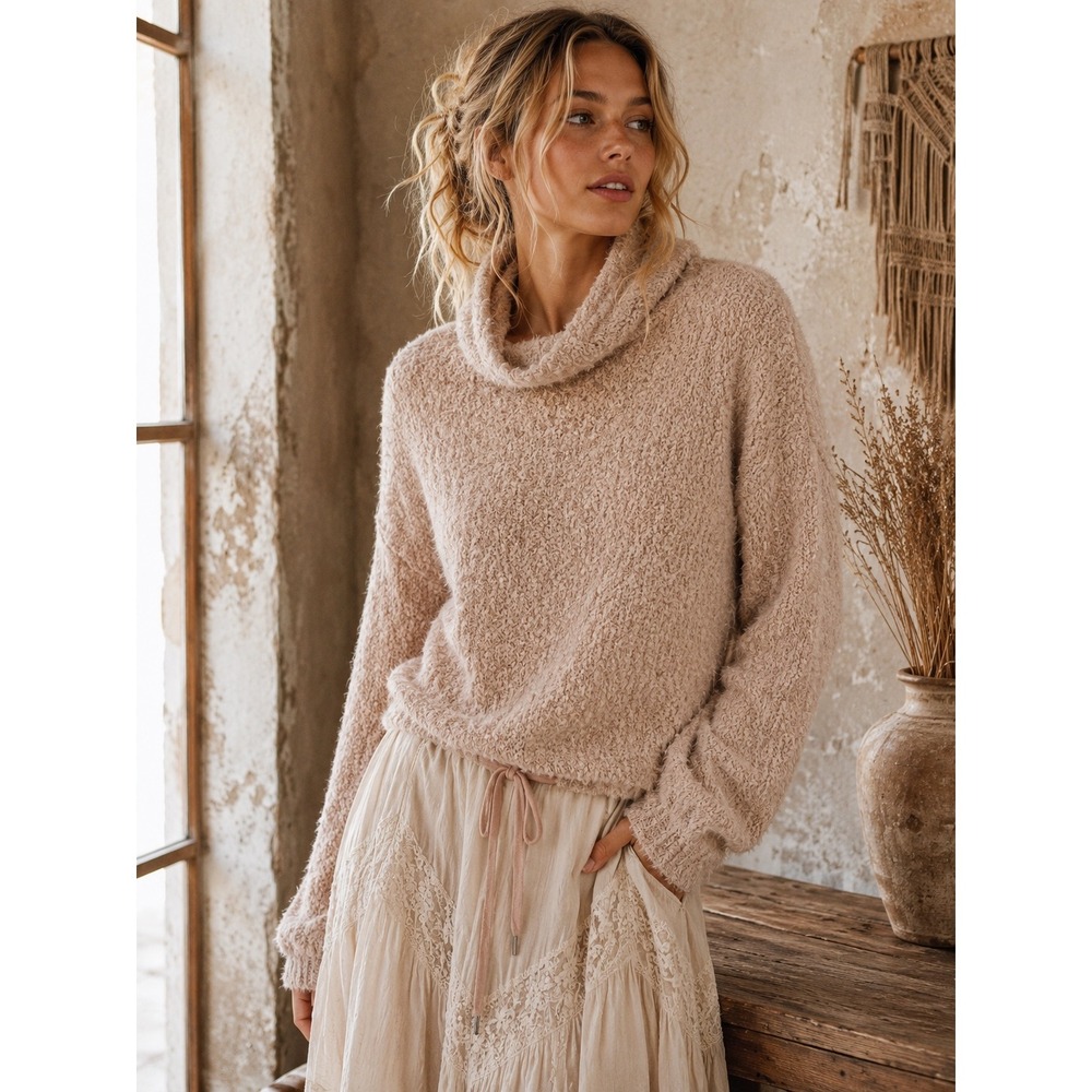 Young Fabulous & Broke Blush Pink Cowl Neck Eyelash Knit Sweater ML